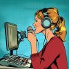 pop art style illustration of a woman recording a podcast in a studio.